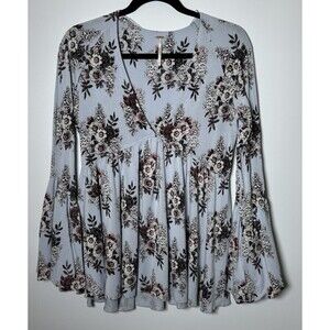 Free People Womens Medium Floral Peplum Blouse Blue Bell Sleeve V Neck Stretch